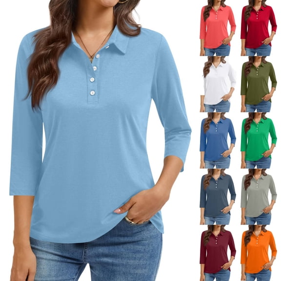 New 3/4 Sleeve Polo Shirts Women V Neck Collared Tees Loose Casual Business Tops Summer Sky Blue M