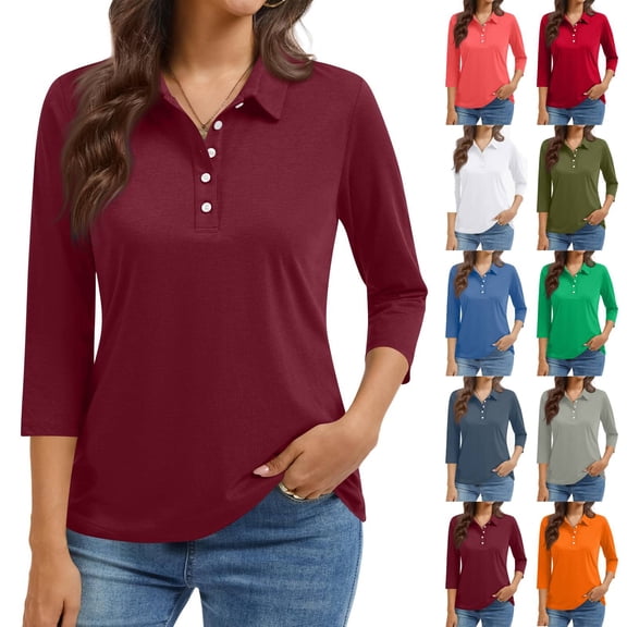 New 3/4 Sleeve Polo Shirts Women V Neck Collared Tees Loose Casual Business Tops Summer Wine 3XL