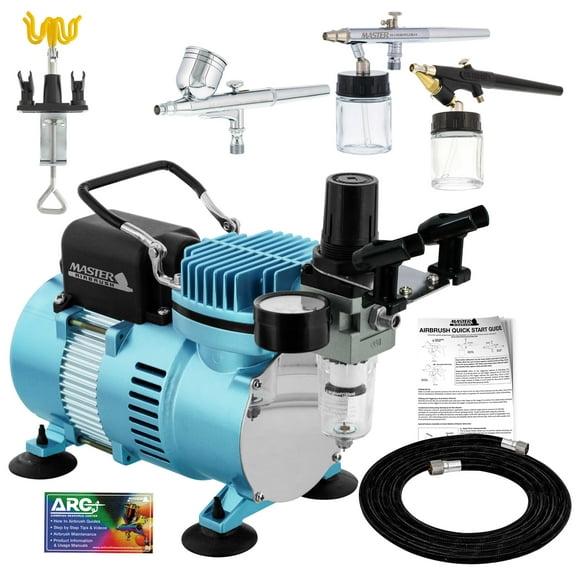 3 Master Airbrush Professional Multi-Purpose Airbrushing System Kit - G22, S68, E91 Gravity & Siphon Feed Airbrushes, Hose, Air Compressor, Universal Airbrush Holder - How-To-Airbrush Guide Booklet