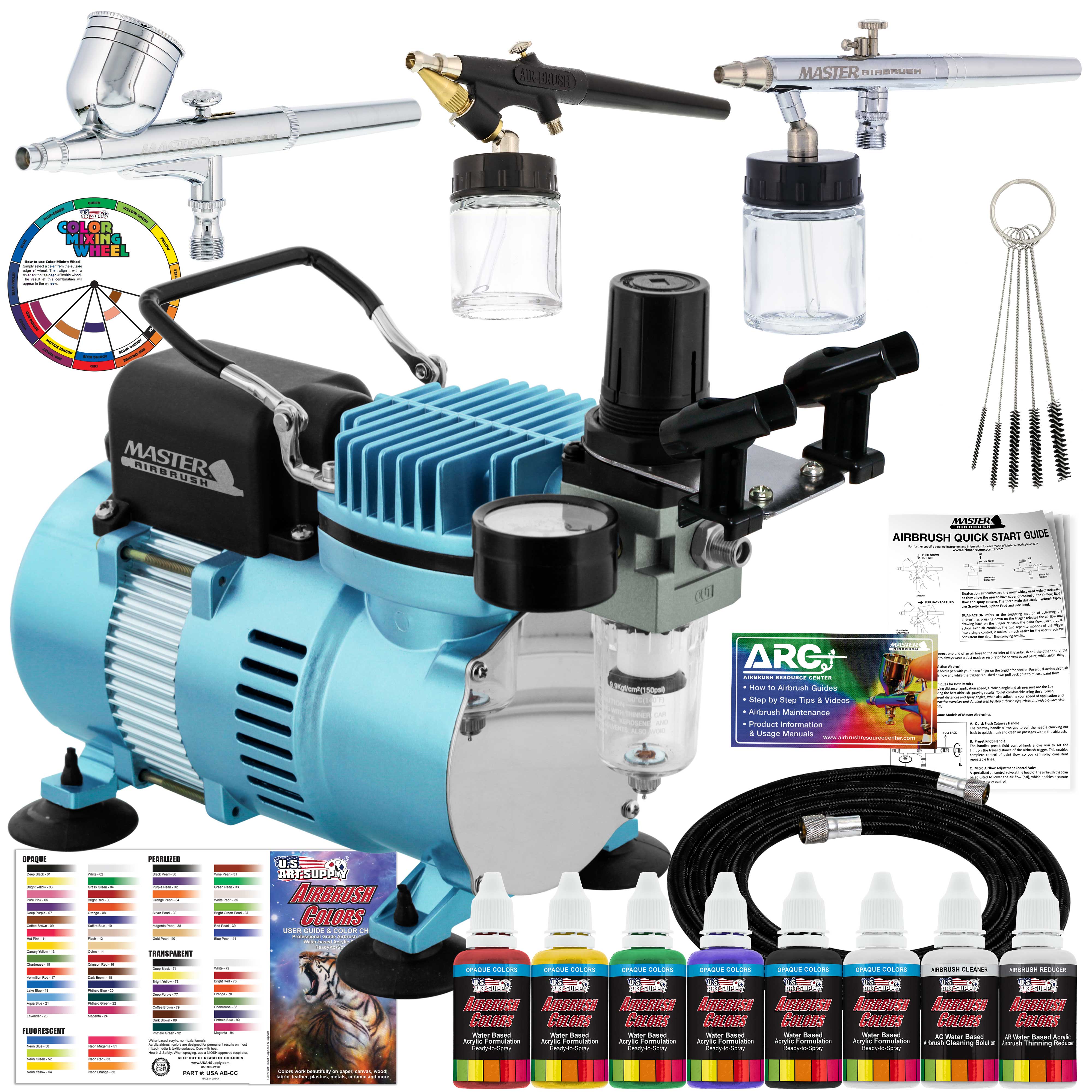 New 3 Airbrush Kit 6 Primary Colors Air Compressor Dual-Action Color Wheel Set - image 1 of 7