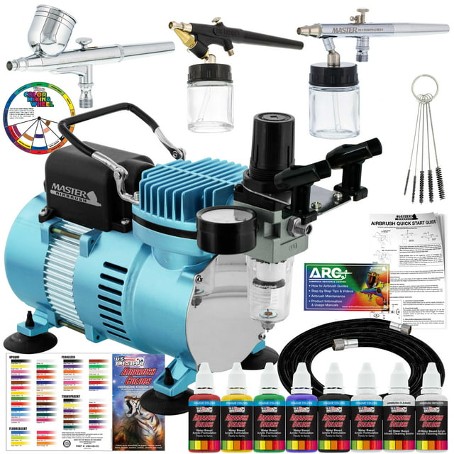 New 3 Airbrush Kit 6 Primary Colors Air Compressor Dual-Action Color Wheel Set