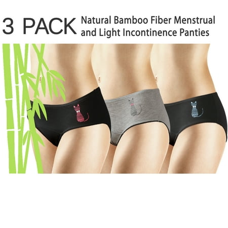 New 3 Pack Natural Bamboo Skin-Friendly Absorbent Menstrual Period Panty Incontinence - Cat -LARGE