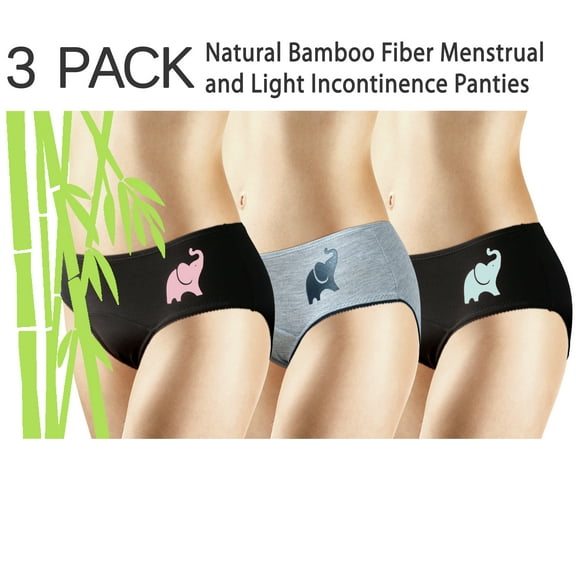 New 3 Pack Natural Bamboo Skin-Friendly Absorbent Menstrual Period Panty Incontinence - Elephant-EXTRA SMALL