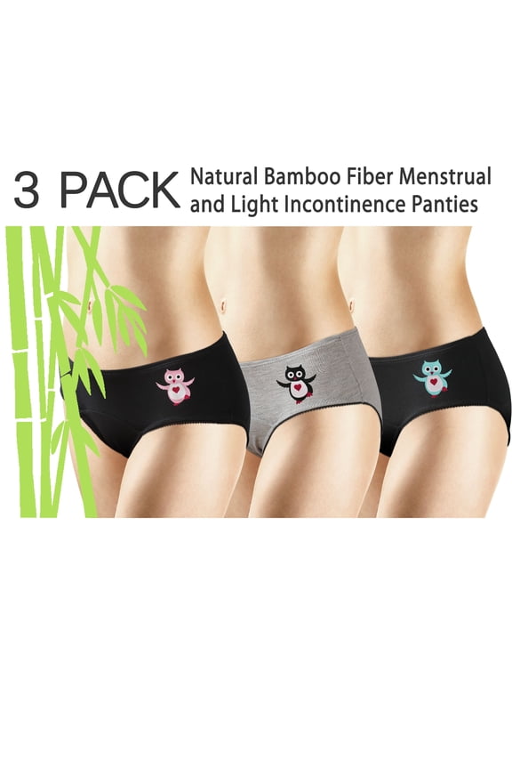 New 3 Pack Natural Bamboo Skin-Friendly Absorbent Menstrual Period Panty Incontinence - Owl -EXTRA SMALL