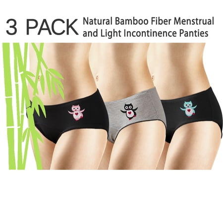New 3 Pack Natural Bamboo Skin-Friendly Absorbent Menstrual Period Panty Incontinence - Owl -SMALL