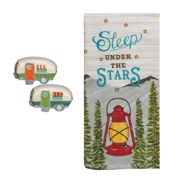New 3 Piece Camper Salt and Pepper Shaker Set with Kitchen Dual Purpose Towel
