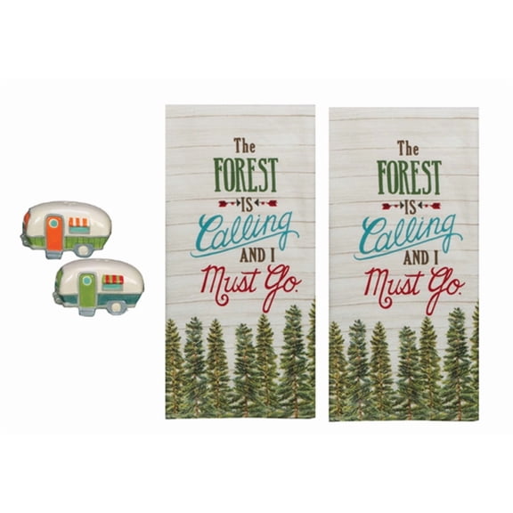 New 3 Piece Camper Salt and Pepper Shaker Set with Kitchen Dual Purpose Towels