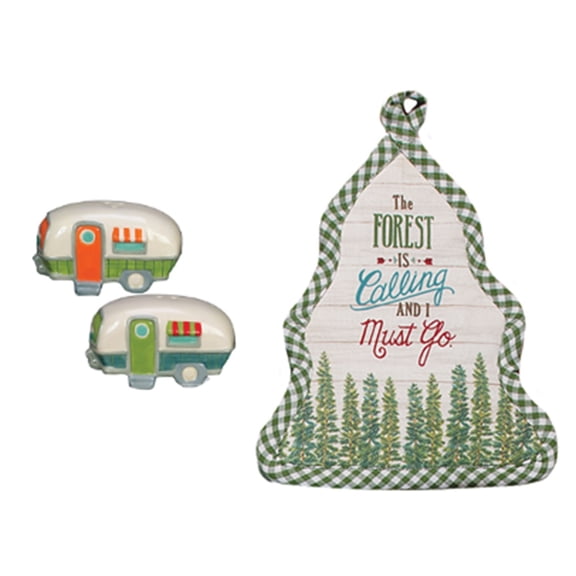 New 3 Piece Camper Salt and Pepper Shaker Set with Kitchen Potholder