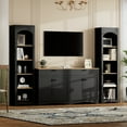 thumbnail image 1 of New 3-Piece Farmhouse Entertainment Center with Storage Cabinet for TVs Up to 70", Mid-Century TV Stand with Bookshelf, Rustic Versatile Sideboard with Adjustable Shelves for Living Room, Black, 1 of 10