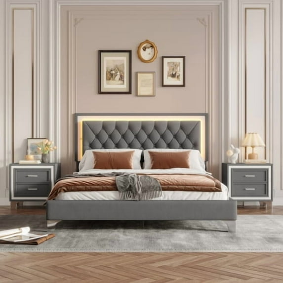 imerelez 3-Pieces Bedroom Sets,Queen Size Upholstered Platform Bed with LED Lights and Two Nightstands-Gray