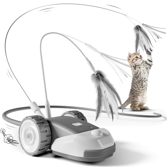 New 3-in-1 Interactive Cat Toy - 2-Speed Automatic Moving Mouse Cat Toys Self Play with 2pcs Hanging Feather String Ribbon and Wiggly Silicone Mice Tail for Bored Indoor Adult Cats Kittens(Gray)