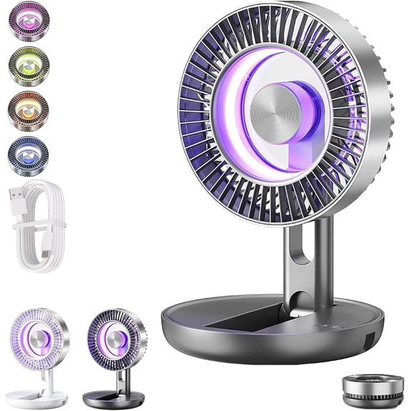 New 3-in-1 USB Desk Fan with Colorful LED Light, Portable Colored LED Light 5-Speed Adjustment, Portable Rechargeable Collapsible Fan, Quiet Wall-Mounted Desk Fan for Bedroom Camping Dorm (B)