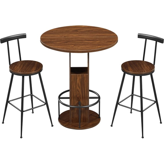 New 31.5" Round Bar Table & 2 Stools Set, Walnut Wooden/Metal with Footrest