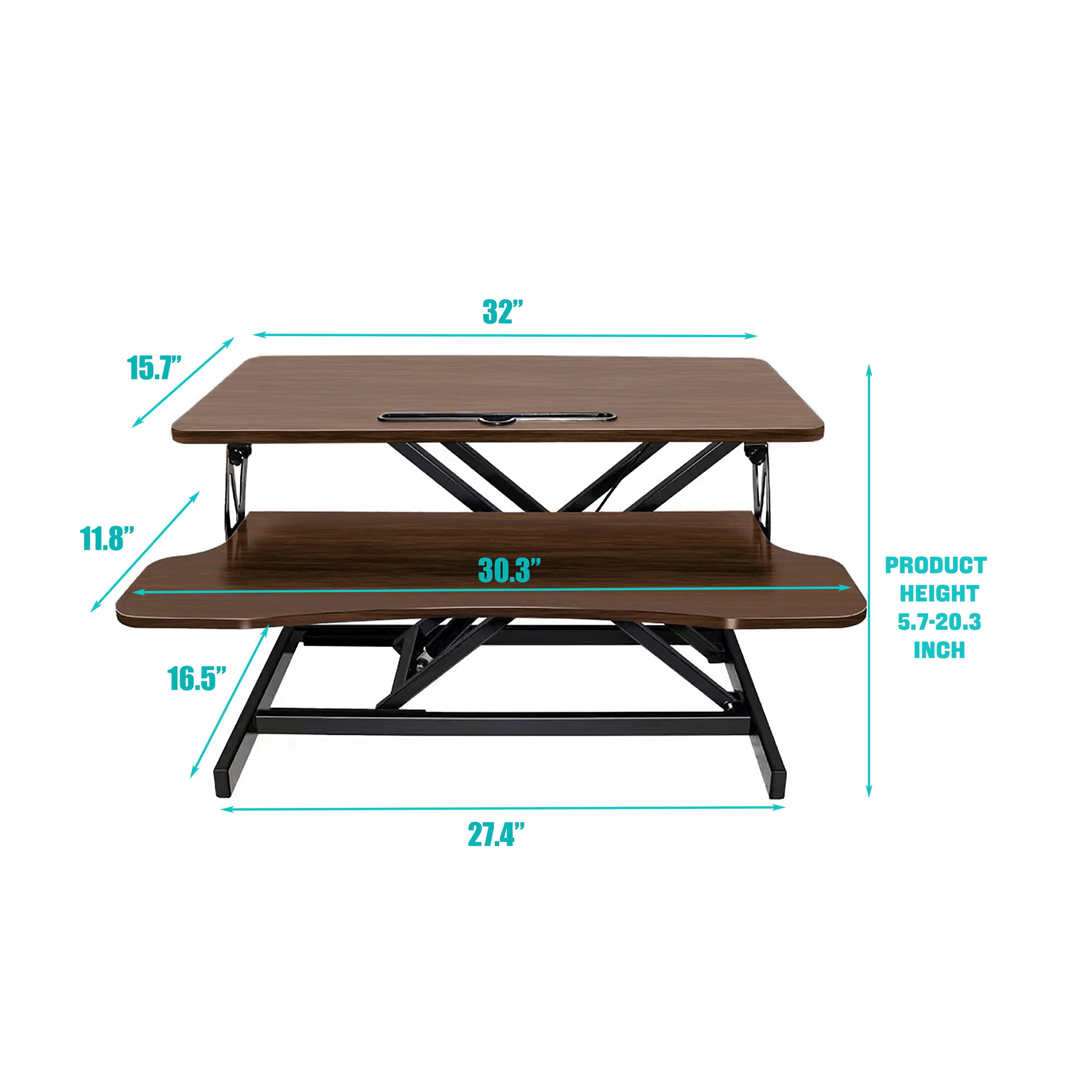 New 32 Inch Desk Converter, Height Adjustable Sit to Stand Riser, Dual Monitor and Laptop Workstation with Wide Keyboard Tray, Walnut Color