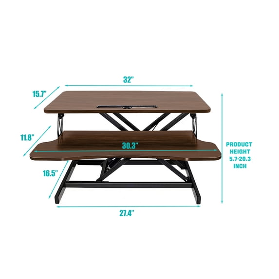 New 32 Inch Desk Converter, Height Adjustable Sit to Stand Riser, Dual Monitor and Laptop Workstation with Wide Keyboard Tray, Walnut Color