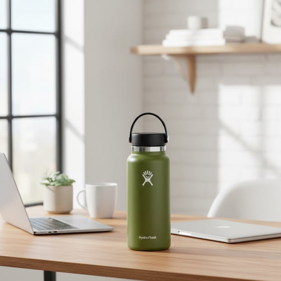 New 32oz Flat mouth Water Bottle with Leak Proof Cover, Stainless Steel, Vacuum Insulation, Olive Green