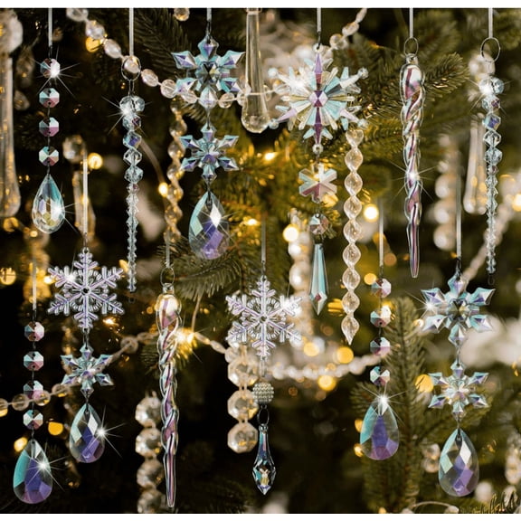 New 32pcs Iridescent Christmas Tree Acrylic Snowflake Icicle Drop Crystal Hanging Ornaments, Decoration Crystal Ornaments for Xmas Tree Winter Holiday Frozen