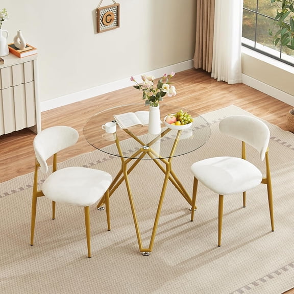 New 35.4-Inch Round Tempered Glass Dining Table, Suitable for 1-4 People, Space-Saving Small Kitchen Dining Table, Equipped With Sturdy Metal Table Legs, Suitable For Dining Room, Living Room,Gold