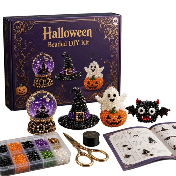 New 3D Beaded Halloween Magic DIY Kit - Creative Beaded Mini World DIY Kit Collection, Petite Beaded Witch hat Pumpkin Ghost Bat Halloween Craft Kit, DIY Creative Jewelry Art Craft Gifts