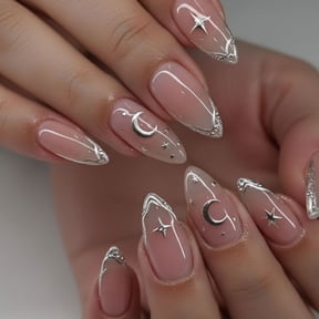New 3D Silver Star & Moon Design Hot-Selling Press-On Nails, French Short Almond Nail Tips