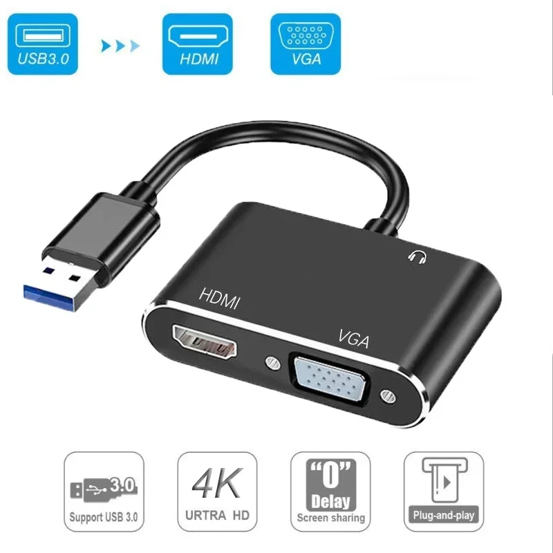 New 3in1 USB 3.0 to HDMI VGA Audio Video Converter Adapter 1080P 4K ...