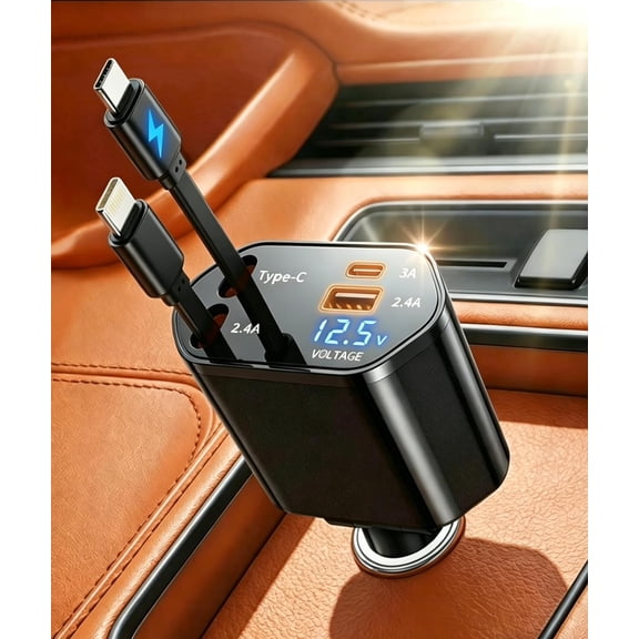 New 4 in 1 Retractable Car Charger, USB C Fast Charger Adapter for iPhone 17/16/15/14/13, Samsung, Car Accessories Gifts for Men Dad Husband Drivers, cargador para carro, Black
