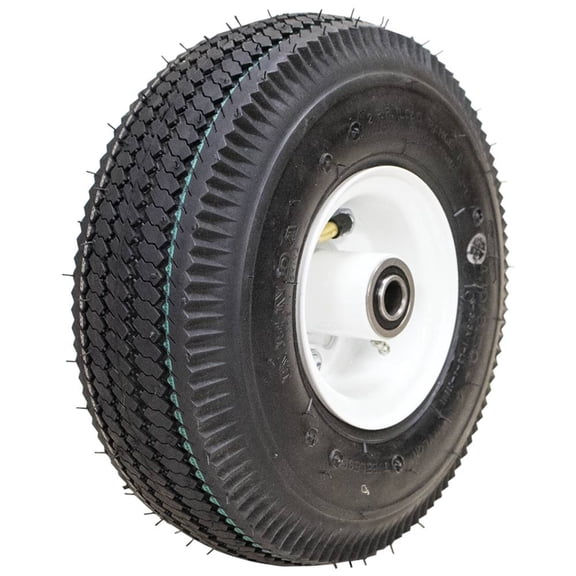 Pneumatic Wheel Assembly 4.10x3.50-4 Sawtooth 5/8 Bore 3-3/4 Hub White Bearings Compatible with Hand Truck Dolly Garden Cart Pressure Washer Generator Utility Equipment Stens 175-700