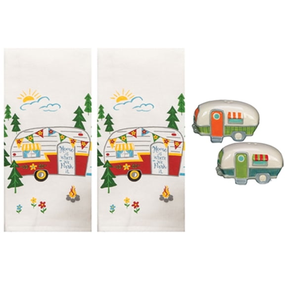 New 4 Piece Camper Salt and Pepper Shaker Set with Kitchen Dual Purpose Towels