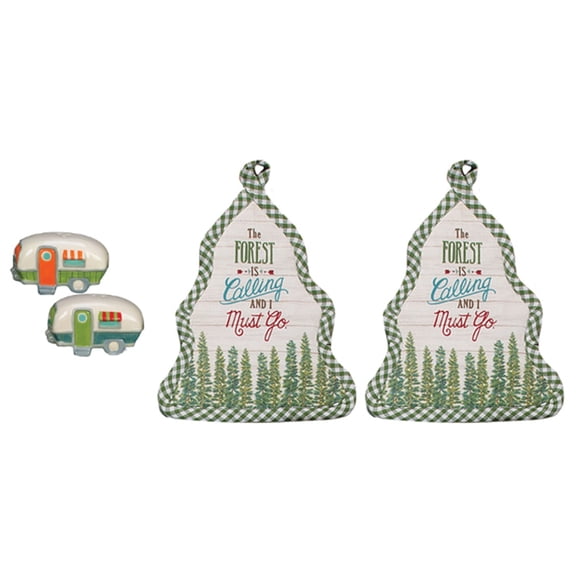 New 4 Piece Camper Salt and Pepper Shaker Set with Kitchen Potholders