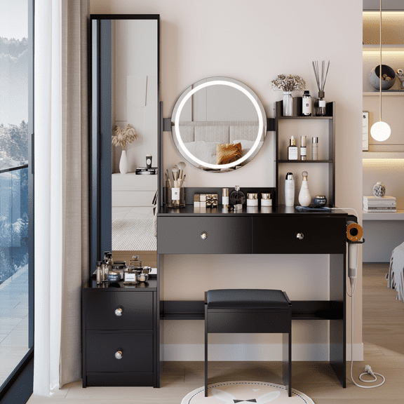 New 43.3" Luxury Full Body Mirror Vanity Table with 17" LED Touch Mirror, 3-Color Brightness, 2 AC/USB/Type-C Ports, Hair Dryer Stand, MDF, American Design & Cushioned Stool