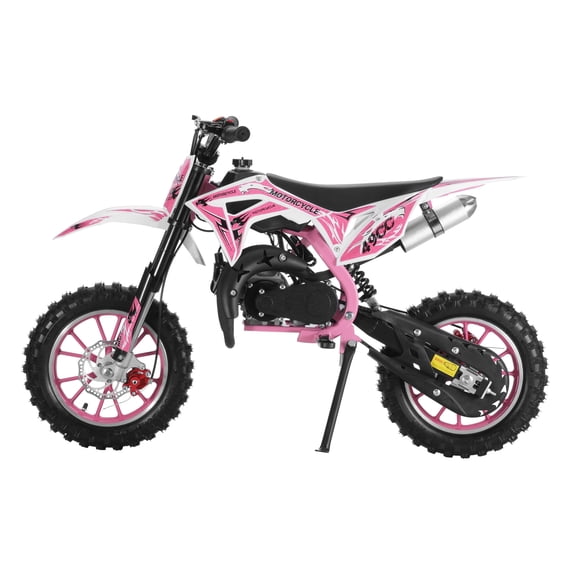 New 49cc Kids Dirt Bike 2 Stroke, Gas Powered Dirt Bike, Speeds up to 40MPH, Mini Kids Dirtbike, Gasoline Motorcycle with Front Rear Disc Brakes, Ideal for Children Pink