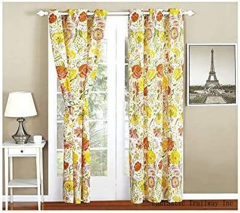 New 4Pc Flower Printed Curtain Set For Reversible Bedspread Set (Panel, Orange/Yellow)