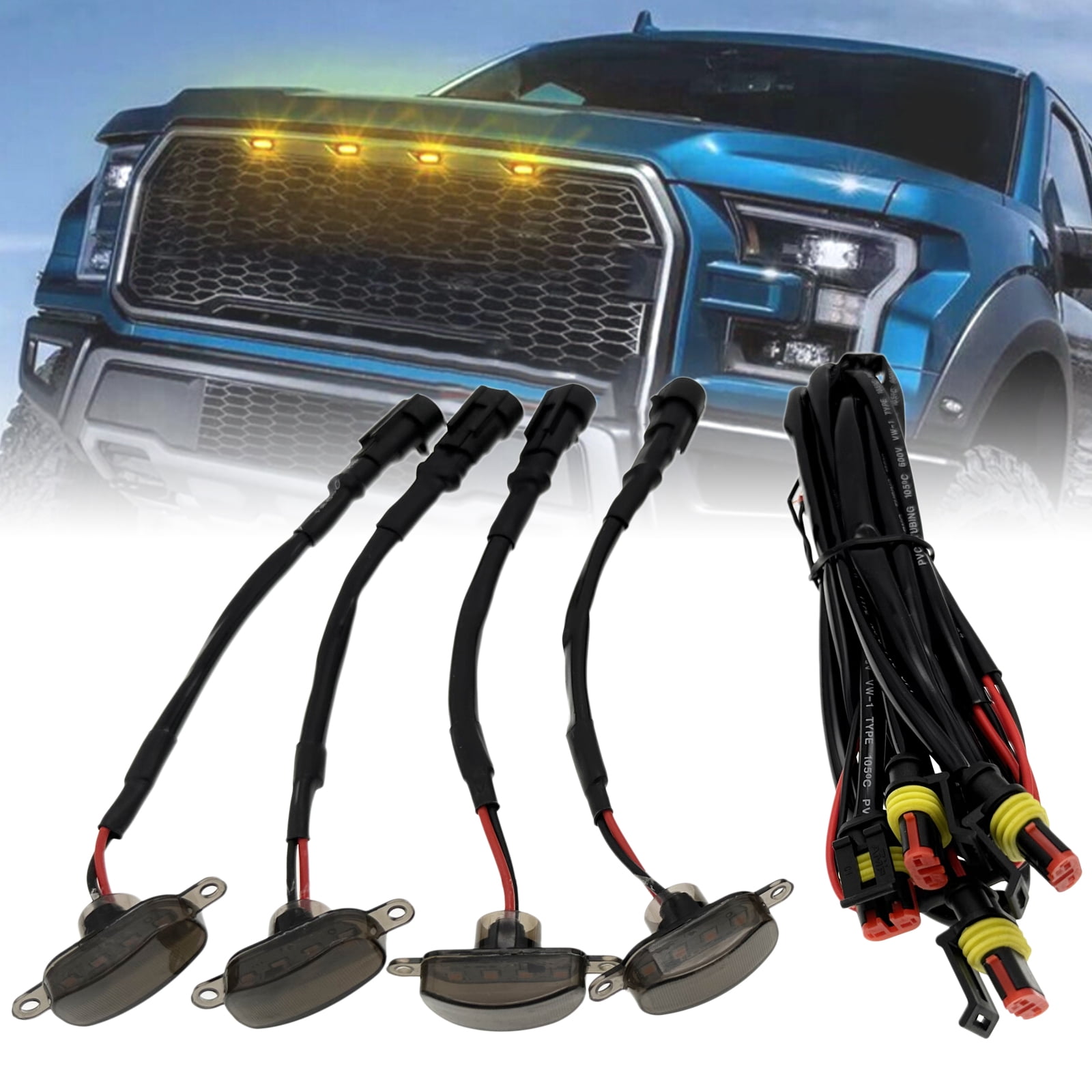 New 4x Smoked Lens Amber LED Front Grille Running Lights For Ford F150 Raptor Style