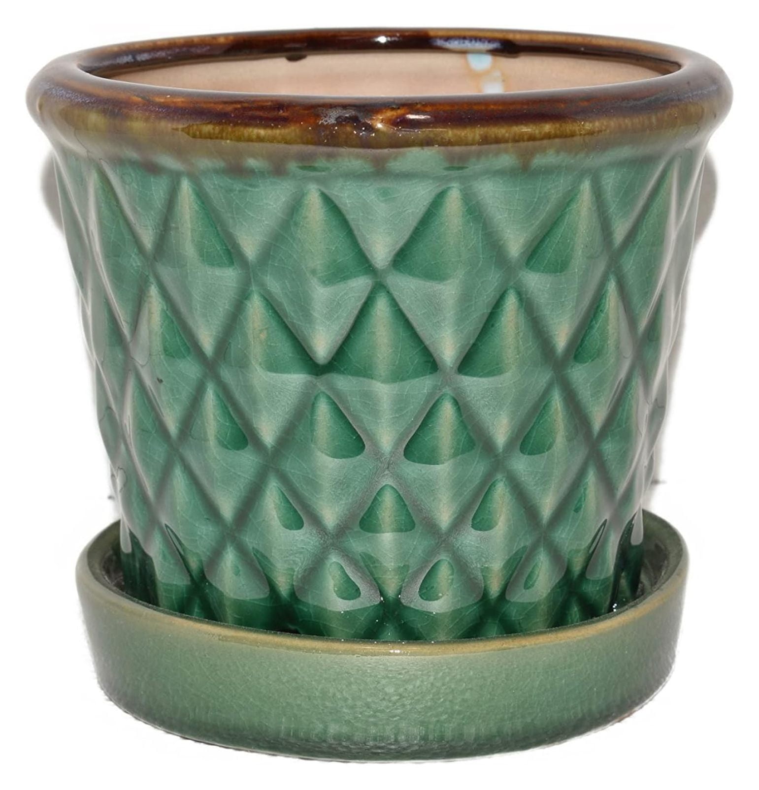 New 5" Ceramic Pineapple Texture Green & Reactive Brown Edge Planter