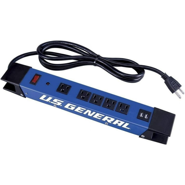 U.S. GENERAL 5-Outlet Magnetic Power Strip with Metal Housing and 2 USB Ports, Green