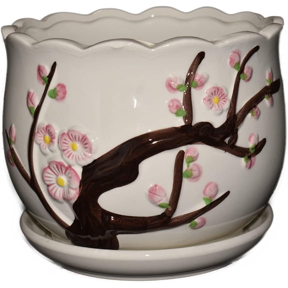 New 5" Raised Cherry Blossom Flowers on a Branch White belly Shape Plant Planter with Saucer