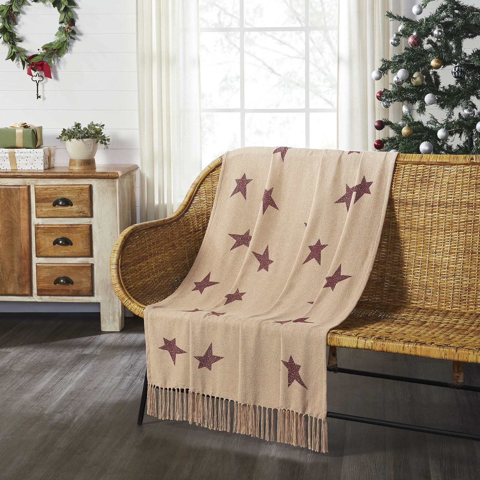 Tan and Burgundy Star Pattern Cotton Throw Blanket
