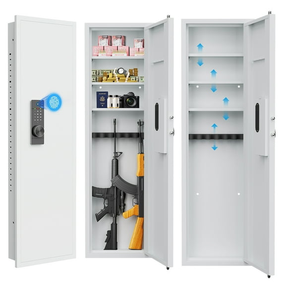 New 53" Fingerprint Touch Panel In-Wall Safe,Hidden Wall Gun Safe for Rifles with Adjustable Shelves,Assembled Storage Multifunctional Wall Safe for Firearm and Valuables (White-Fingerprint)