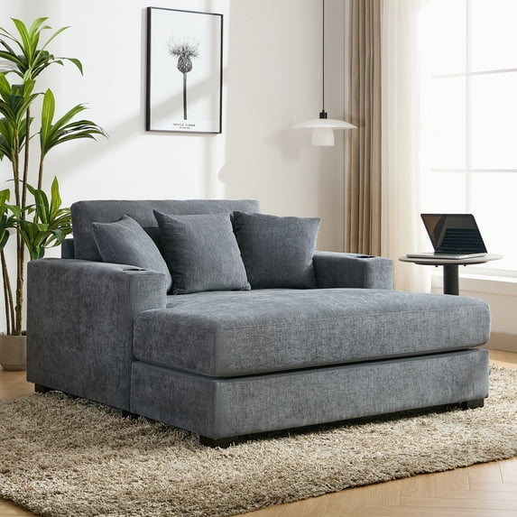 New 55" Oversized Chaise Lounger Modern Style Sofa Couch ,with Pillows, Charge Station & Cup Holders, Chenille Fabric, Blue Gray