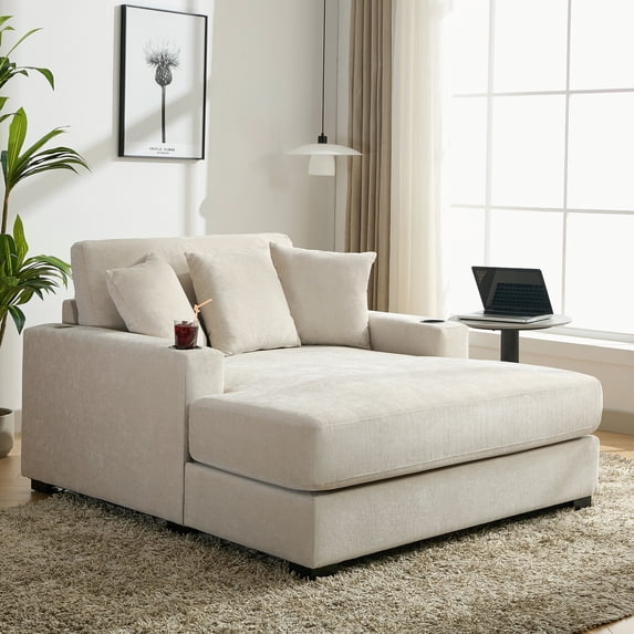 New 55" Oversized Chaise Lounger Modern Style Sofa Couch ,with Pillows, Charge Station & Cup Holders, Chenille Fabric, Cream