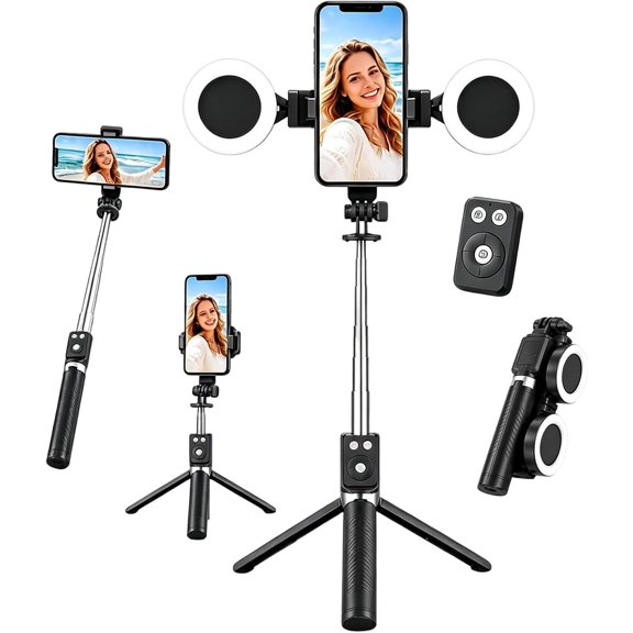 New 6 in 1 Selfie Stick with Fill Light - Cellphone Selfiestick with Remote, Bluetooth Remote Control,and Stable Three-Legged Support, Selfie Stick for Video Recording (Black)