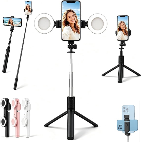 New 6 in 1 Selfie Stick with Fill Light, Stable Extendable Tripod for Phone, 360° Rotation for Live Stream Video Recording Vlogging Content Creator Essentials  (Black)