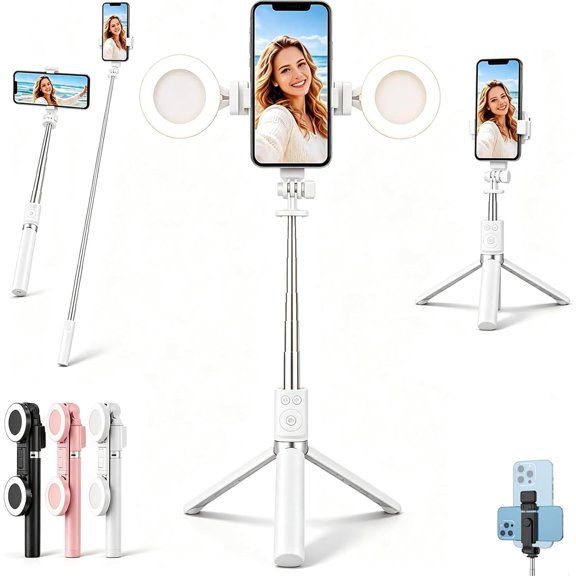 New 6 in 1 Selfie Stick with Fill Light, Stable Extendable Tripod for Phone, 360° Rotation for Live Stream Video Recording Vlogging Content Creator Essentials  (White)