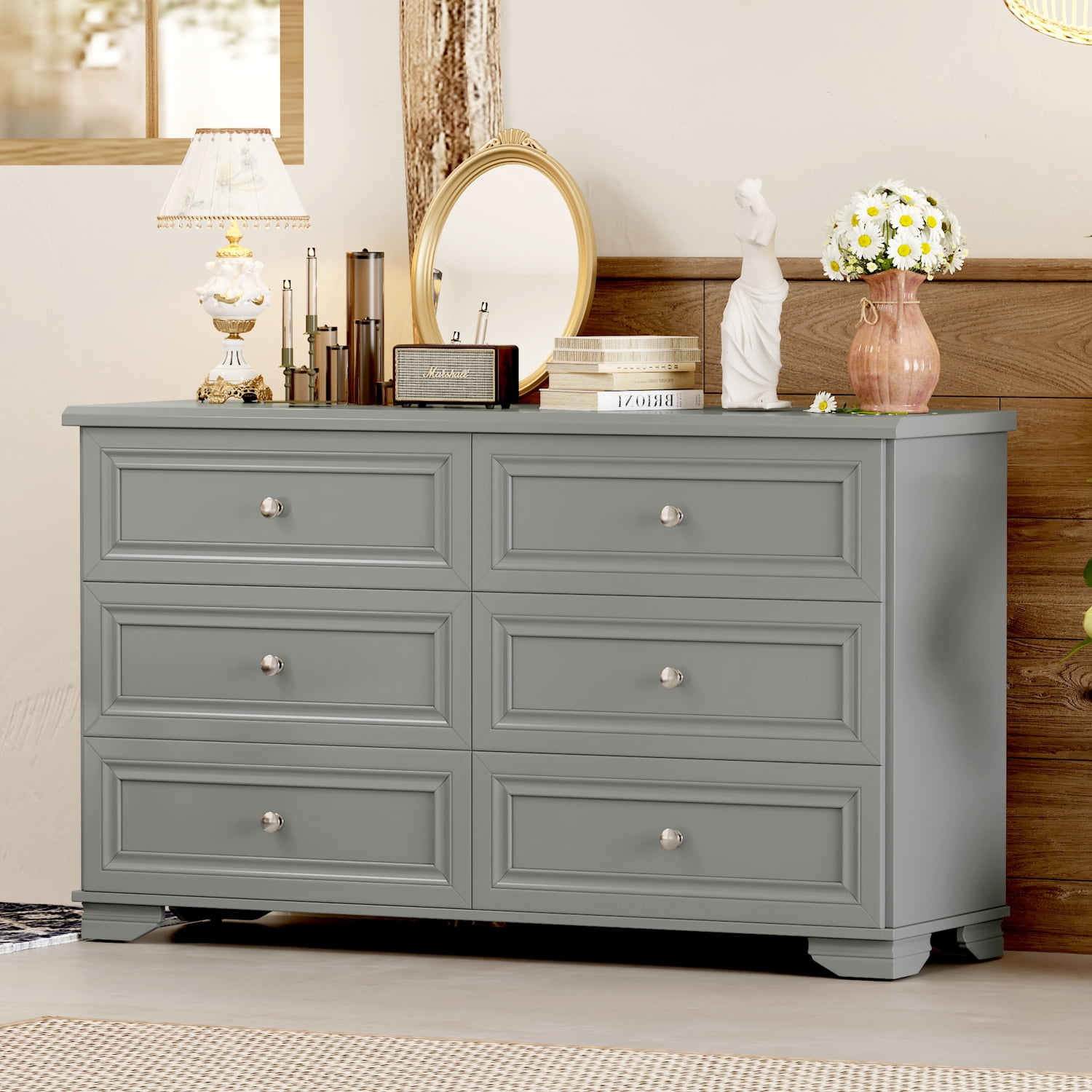 Gray Wooden 6-Drawer Dresser with Metal Handles