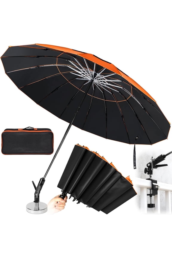 New 60" Folding 16 Ribs Magnetic Umbrella,Designed for Outdoor Work,600lb Strong Suction Hvac Umbrella With Base & Clamp,Inverted Ribs,2-in-1 Sun Rain Protection,Portable HVAC