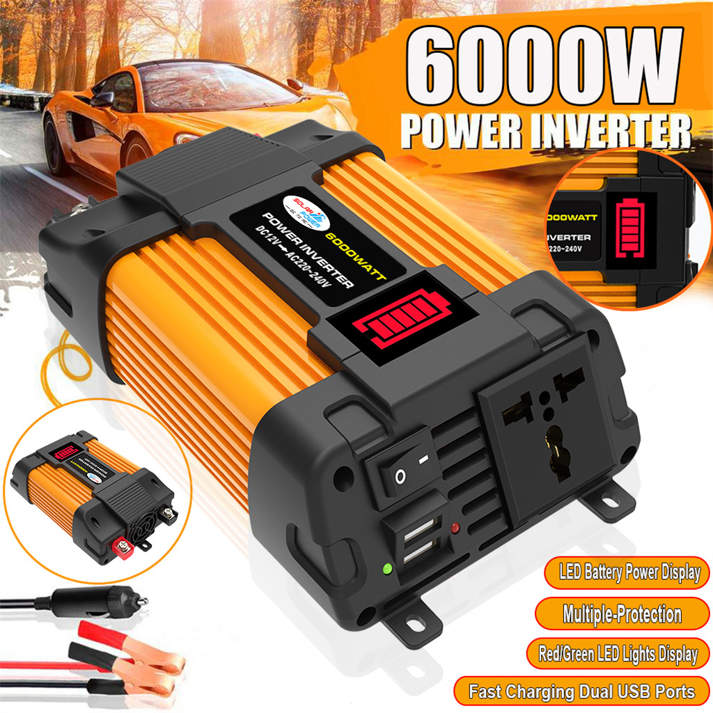 New 6000w 12v To 220v/110v Car Power Inverter Converter Charger Adapter Inversor Usb Led Display Transformer(blue/yellow)