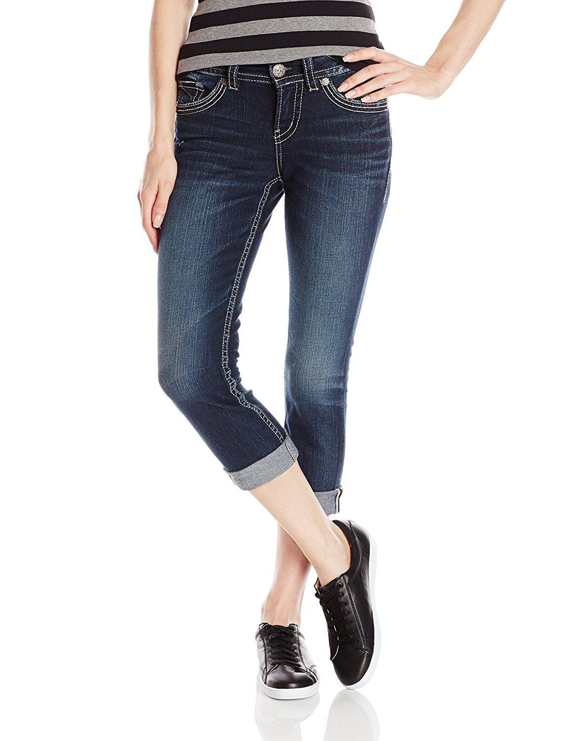 New 6010-1 Silver Jeans Dark Indigo Suki Fit Mid Rise Fluid Capri Jeans 24W  22.5L