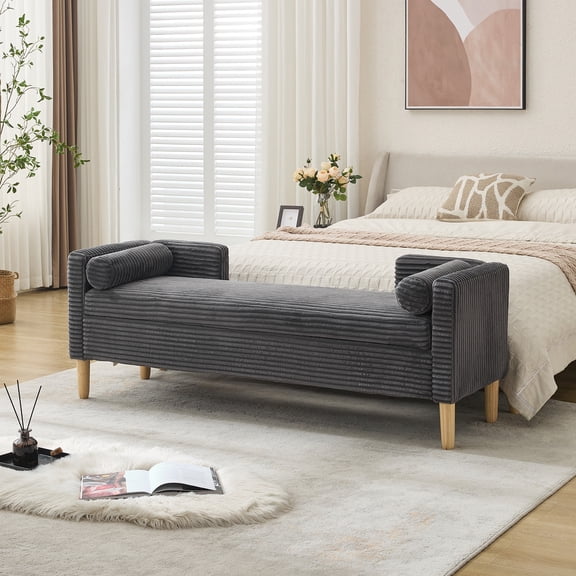 New 65.35"Wide Upholstered Flip-top Storage Accent Bed Bench, Corduroy Footrest Ottoman with Armrests&Backrest&2 Bolster Pillows for Living Room, End of Bed, Hallway, Entryway Bedroom. Charcoal