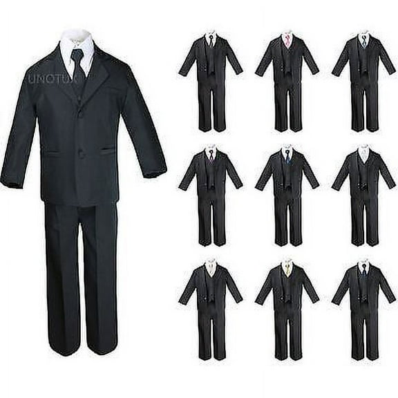 New 6pc Black Formal Tuxedo Suit + Extra Satin Necktie for Boy Baby Toddler S-20