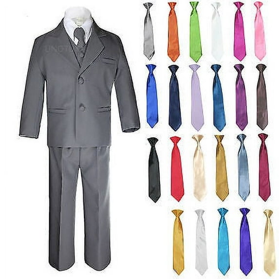 New 6pc Boys Toddler Kid Formal Wedding Tuxedo Dark Gray Suits Necktie Set S-7